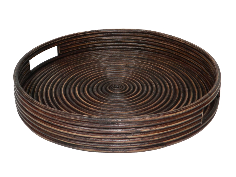 Round rattan serving tray brown washed